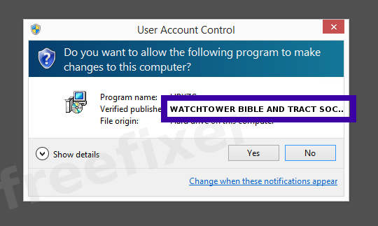 Screenshot where WATCHTOWER BIBLE AND TRACT SOCIETY OF NEW YORK, INC. appears as the verified publisher in the UAC dialog
